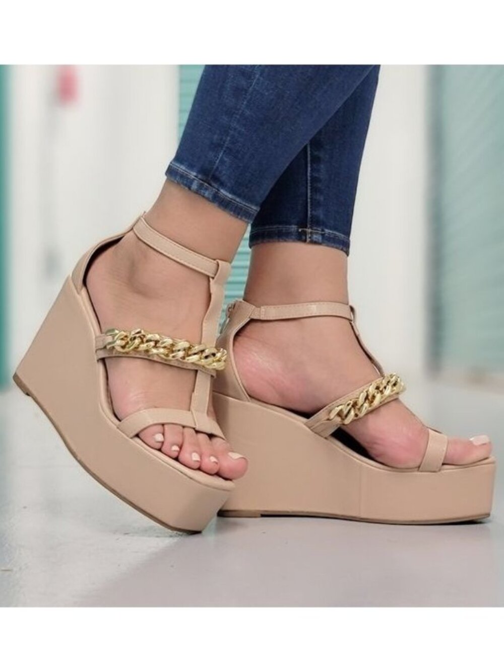 Nude Open Toe High Platform Wedge Sandals with Gold Chain